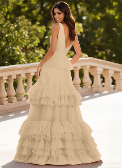 Dreamy V-Neck A-Line Tiered Floor-Length Tulle Prom Dresses With Ruffle