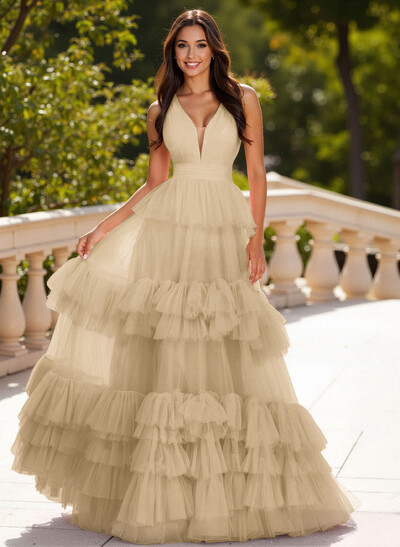 Dreamy V-Neck A-Line Tiered Floor-Length Tulle Prom Dresses With Ruffle