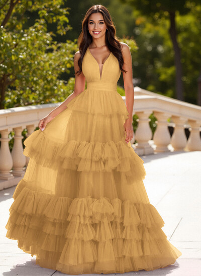 Dreamy V-Neck A-Line Tiered Floor-Length Tulle Prom Dresses With Ruffle