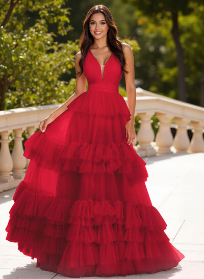 Dreamy V-Neck A-Line Tiered Floor-Length Tulle Prom Dresses With Ruffle