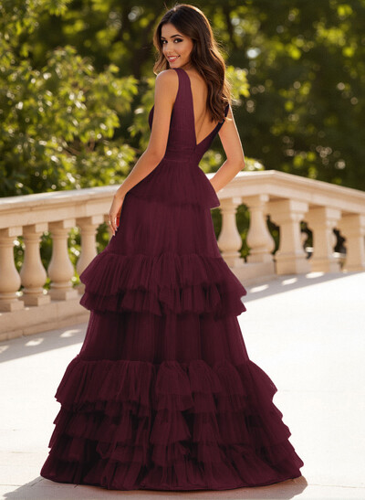 Dreamy V-Neck A-Line Tiered Floor-Length Tulle Prom Dresses With Ruffle