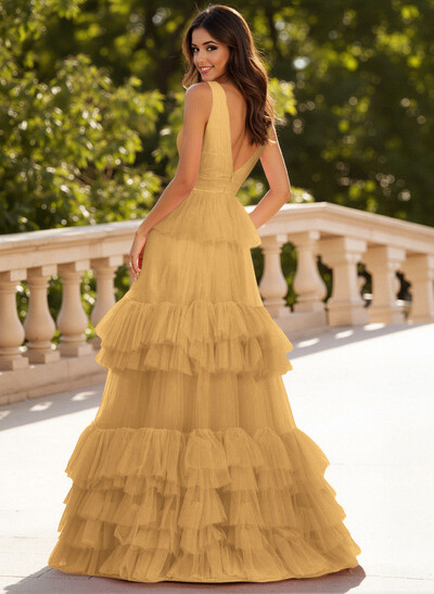 Dreamy V-Neck A-Line Tiered Floor-Length Tulle Prom Dresses With Ruffle