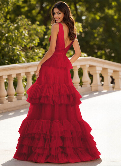 Dreamy V-Neck A-Line Tiered Floor-Length Tulle Prom Dresses With Ruffle