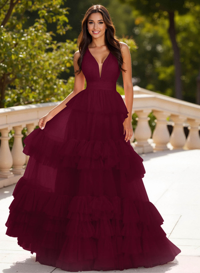 Dreamy V-Neck A-Line Tiered Floor-Length Tulle Prom Dresses With Ruffle