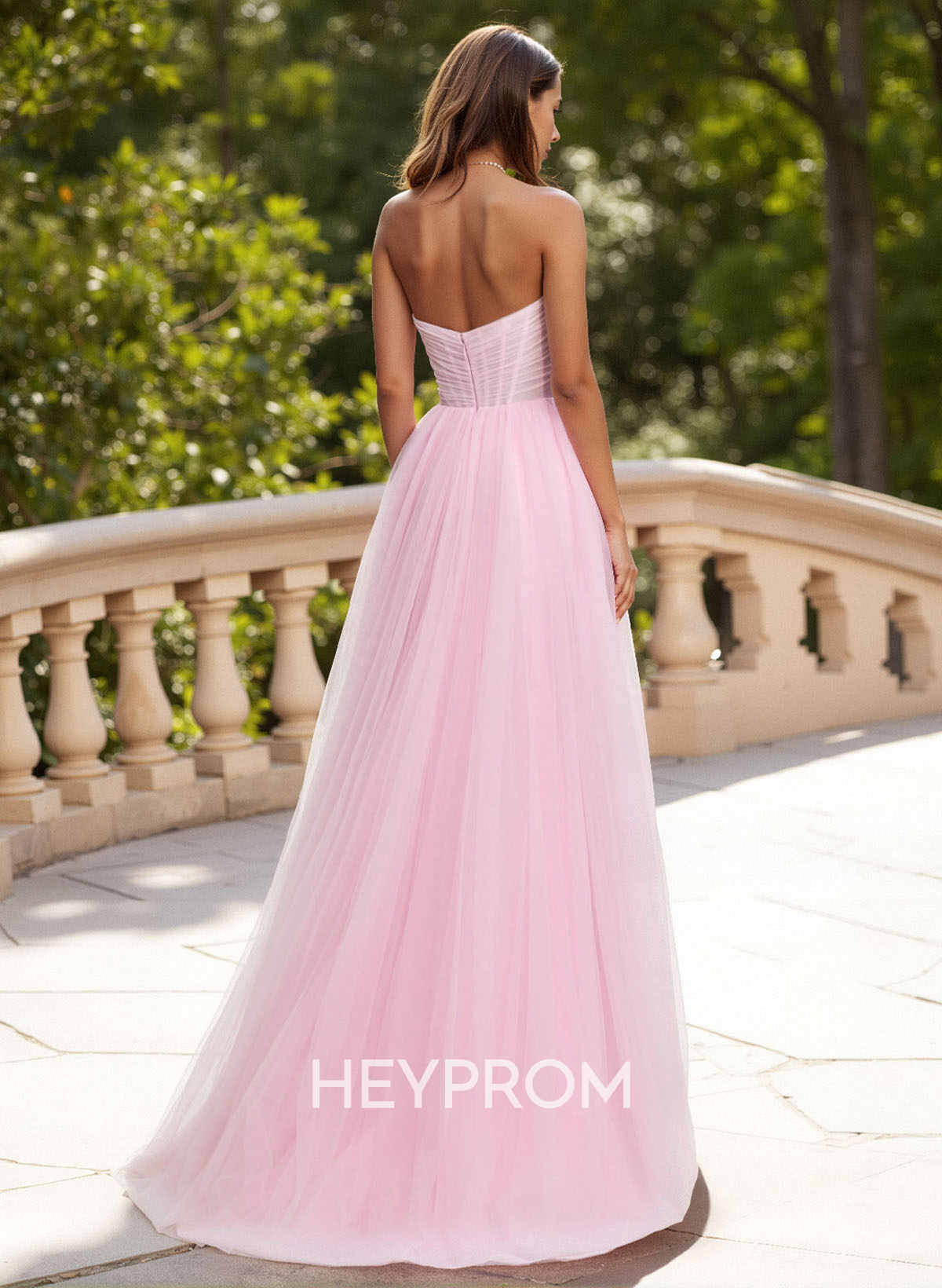 Dreamy Sweetheart Ruched Illusion Corset A-Line Sweep Train Tulle Prom Dresses