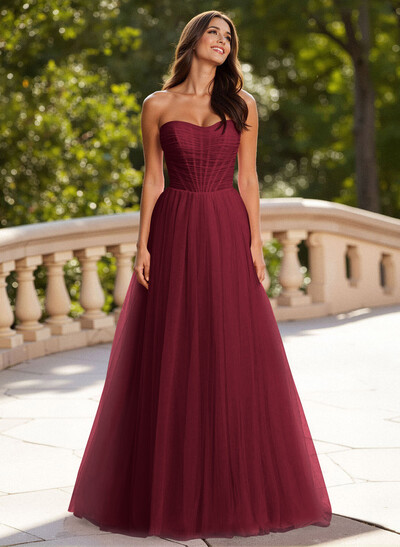 Dreamy Sweetheart Ruched Illusion Corset A-Line Sweep Train Tulle Prom Dresses