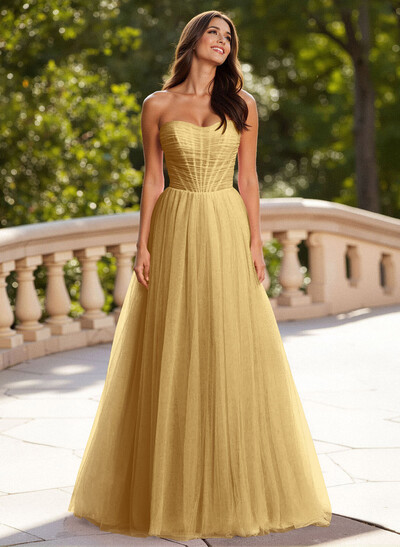 Dreamy Sweetheart Ruched Illusion Corset A-Line Sweep Train Tulle Prom Dresses