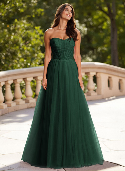 Dreamy Sweetheart Ruched Illusion Corset A-Line Sweep Train Tulle Prom Dresses