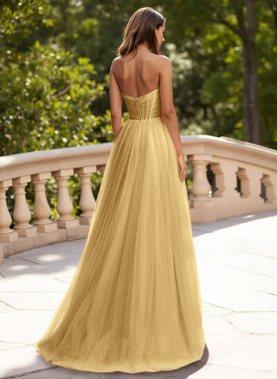 Dreamy Sweetheart Ruched Illusion Corset A-Line Sweep Train Tulle Prom Dresses