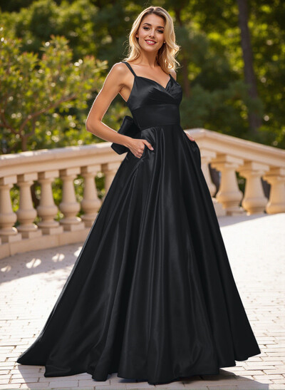 Unique V-Neck A-Line Sweep Train Satin Prom Dresses With Bow(s)