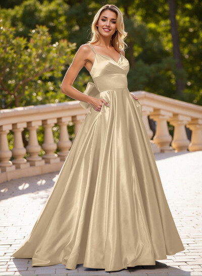 Unique V-Neck A-Line Sweep Train Satin Prom Dresses With Bow(s)