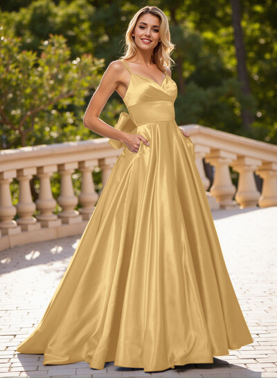 Unique V-Neck A-Line Sweep Train Satin Prom Dresses With Bow(s)