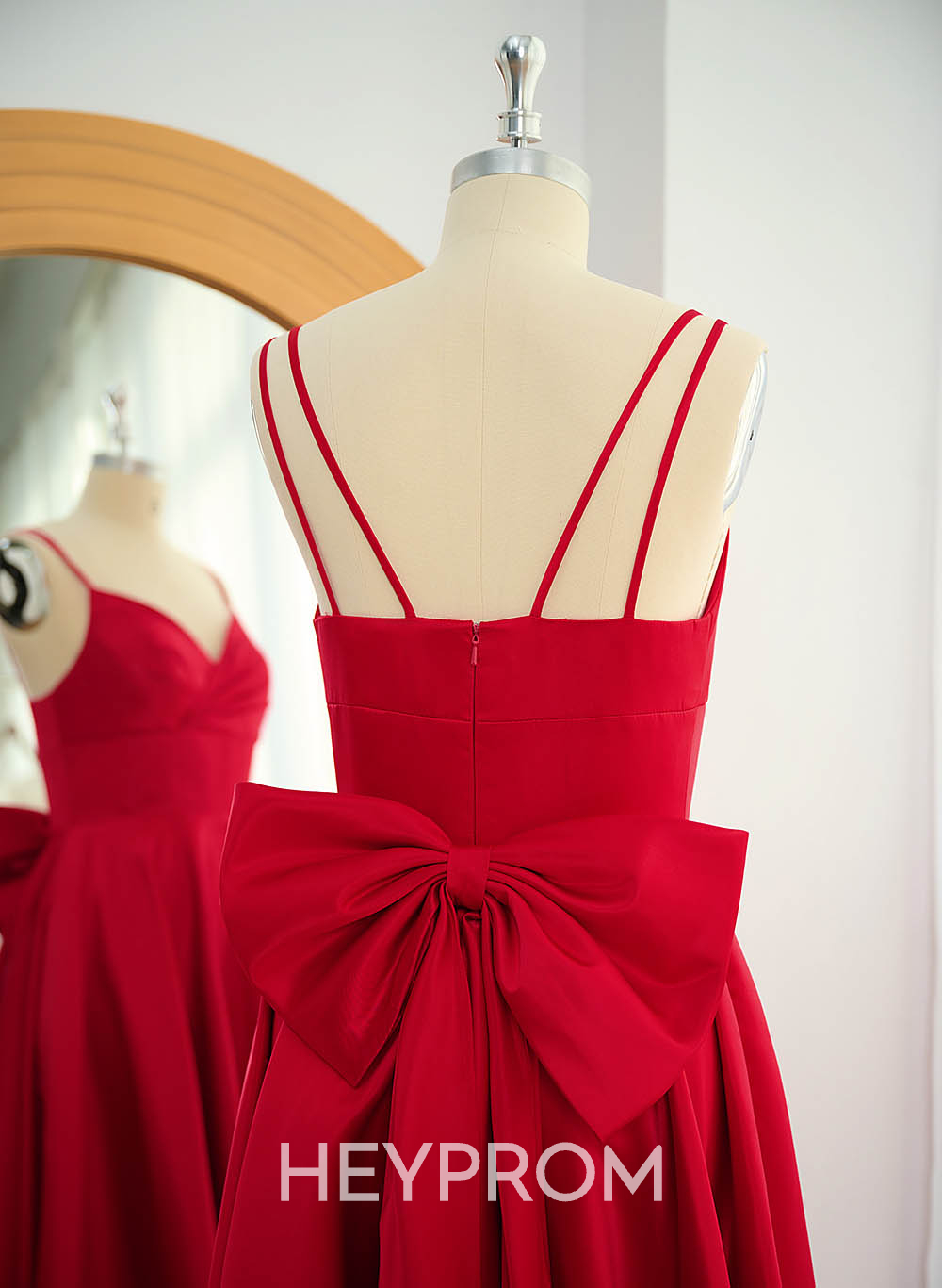 Unique V-Neck A-Line Sweep Train Satin Prom Dresses With Bow(s)