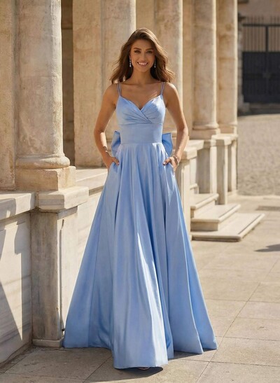 Unique V-Neck A-Line Sweep Train Satin Prom Dresses With Bow(s)