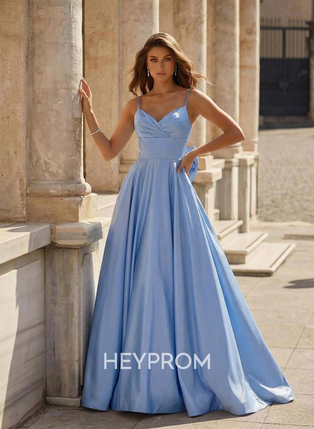 Unique V-Neck A-Line Sweep Train Satin Prom Dresses With Bow(s)