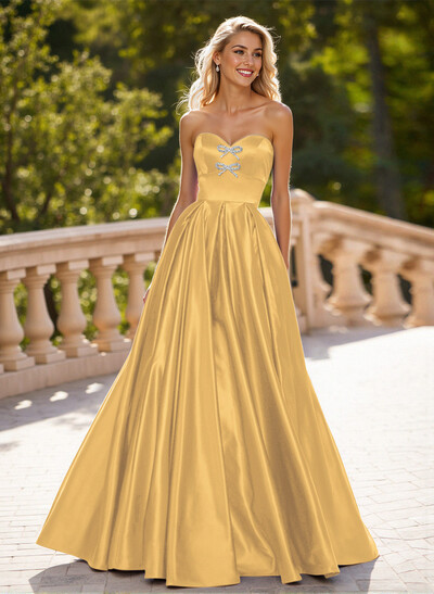 Elegant Sweetheart A-Line Floor-Length Satin Prom Dresses With Bow(s)