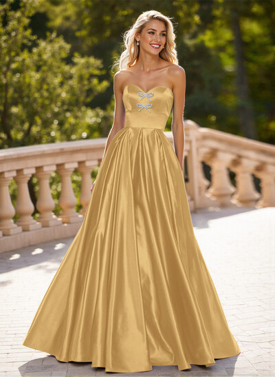 Elegant Sweetheart A-Line Floor-Length Satin Prom Dresses With Bow(s)