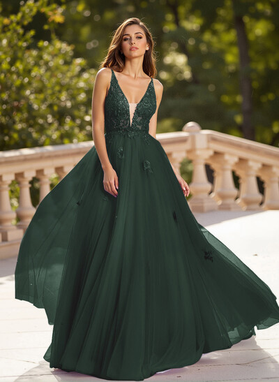 Dreamy V-Neck Illusion Corset A-Line Floor-Length Lace/Tulle Prom Dresses