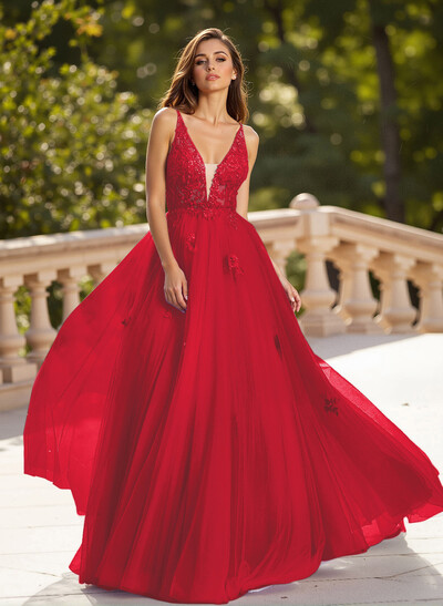 Dreamy V-Neck Illusion Corset A-Line Floor-Length Lace/Tulle Prom Dresses