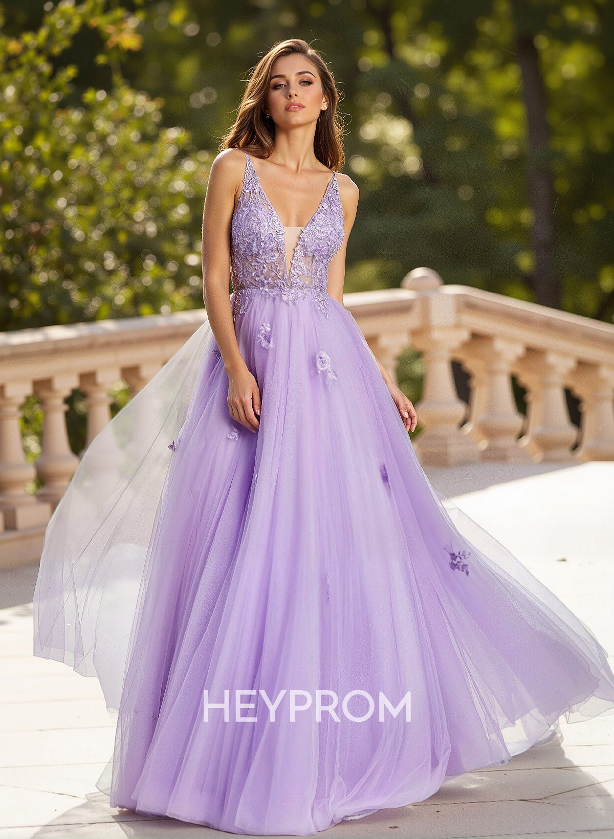 Dreamy V-Neck Illusion Corset A-Line Floor-Length Lace/Tulle Prom Dresses