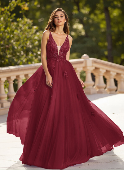 Dreamy V-Neck Illusion Corset A-Line Floor-Length Lace/Tulle Prom Dresses