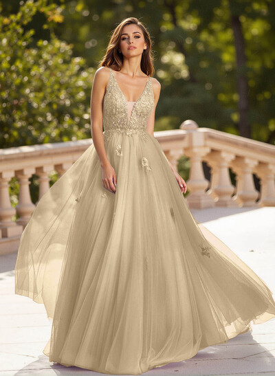 Dreamy V-Neck Illusion Corset A-Line Floor-Length Lace/Tulle Prom Dresses