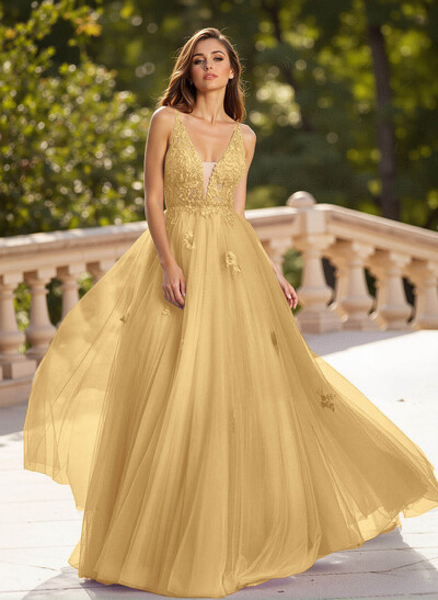 Dreamy V-Neck Illusion Corset A-Line Floor-Length Lace/Tulle Prom Dresses