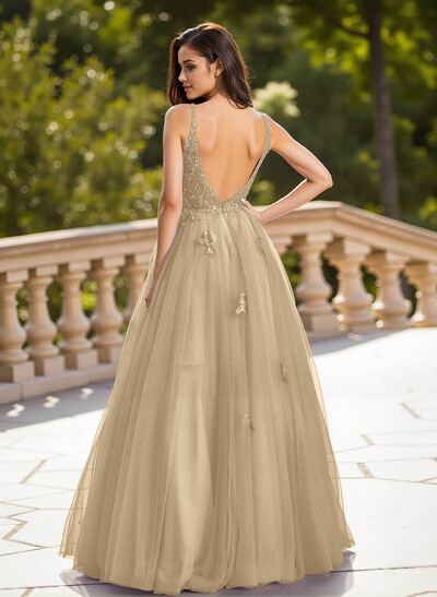 Dreamy V-Neck Illusion Corset A-Line Floor-Length Lace/Tulle Prom Dresses