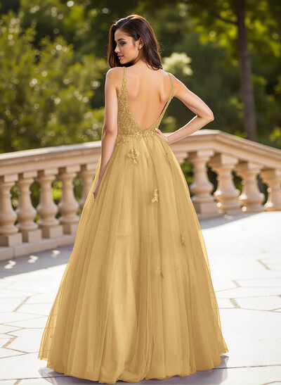 Dreamy V-Neck Illusion Corset A-Line Floor-Length Lace/Tulle Prom Dresses