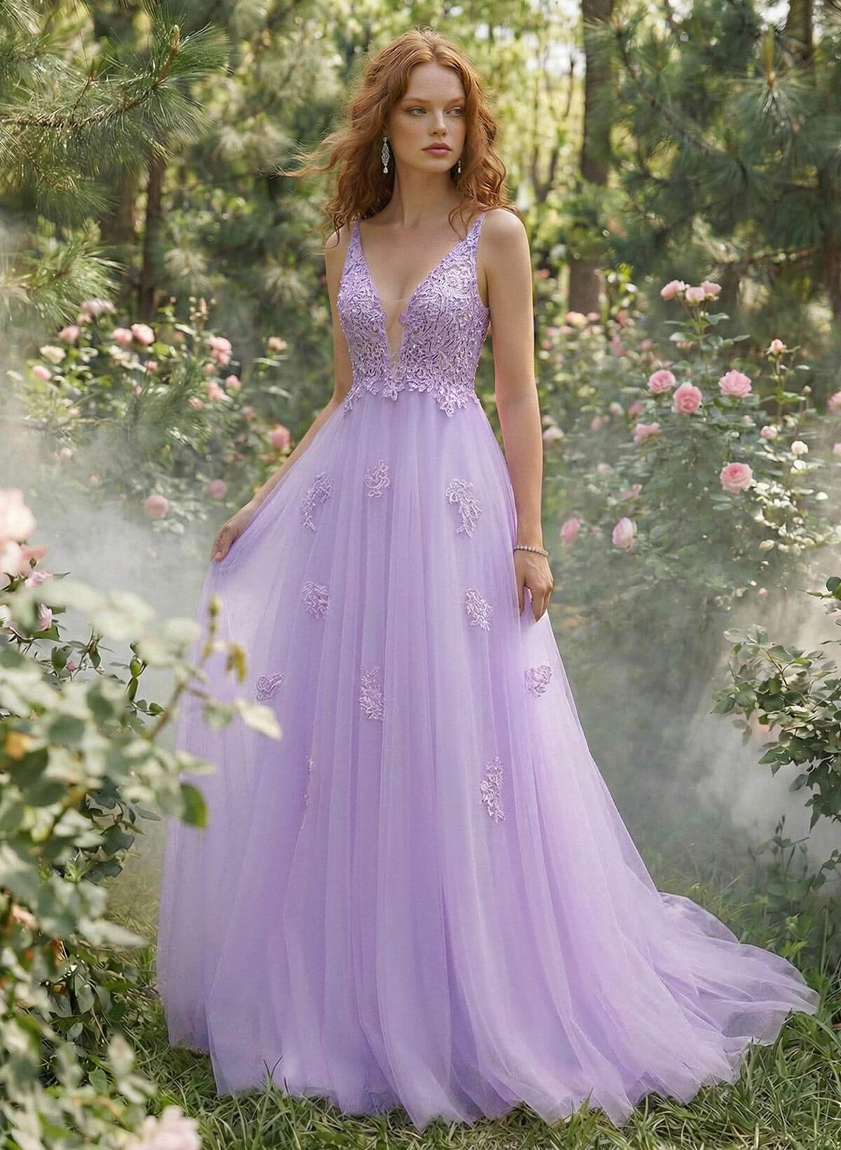 Dreamy V-Neck Illusion Corset A-Line Floor-Length Lace/Tulle Prom Dresses