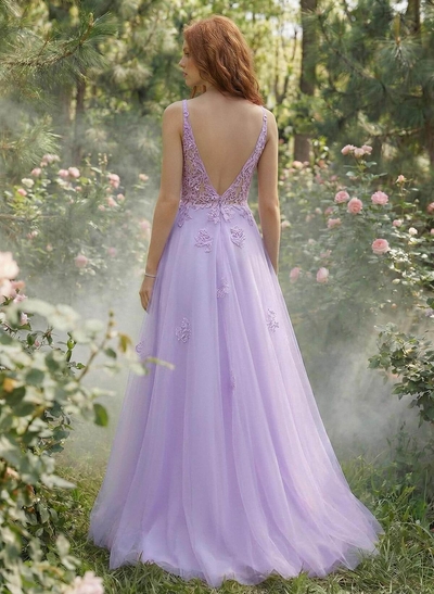 Dreamy V-Neck Illusion Corset A-Line Floor-Length Lace/Tulle Prom Dresses