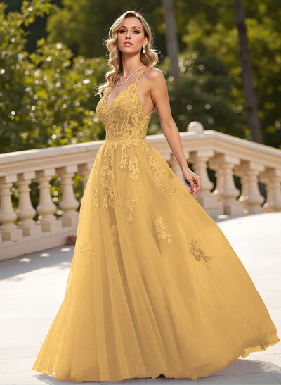 Dreamy Lace V-Neck Illusion Corset A-Line Floor-Length Tulle Prom Dresses