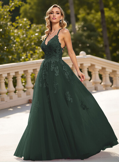 Dreamy Lace V-Neck Illusion Corset A-Line Floor-Length Tulle Prom Dresses
