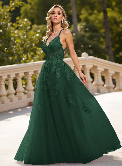 Dreamy Lace V-Neck Illusion Corset A-Line Floor-Length Tulle Prom Dresses