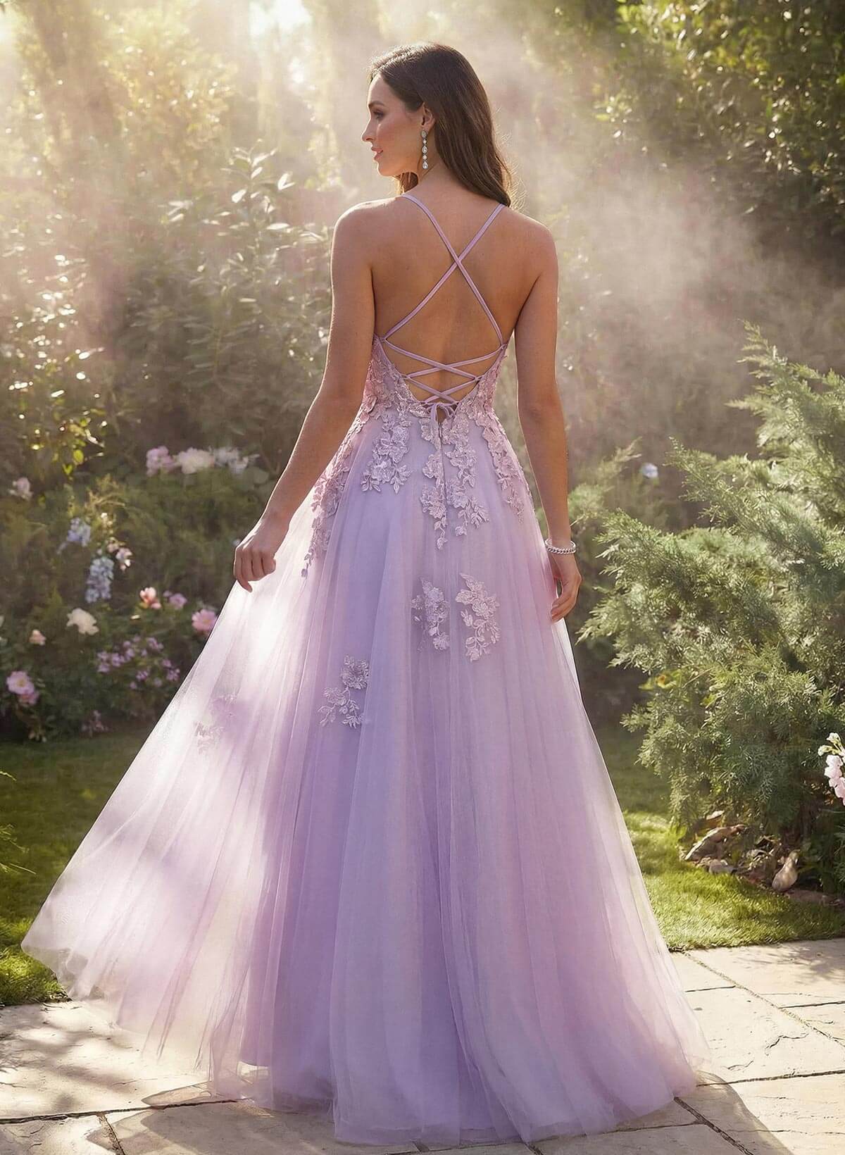 Dreamy Lace V-Neck Illusion Corset A-Line Floor-Length Tulle Prom Dresses