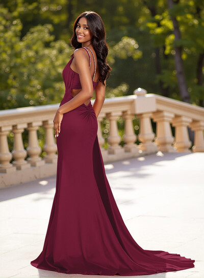 Elegant One-Shoulder Sweep Train Silk Like Satin Prom Dresses With Sequins/High Split