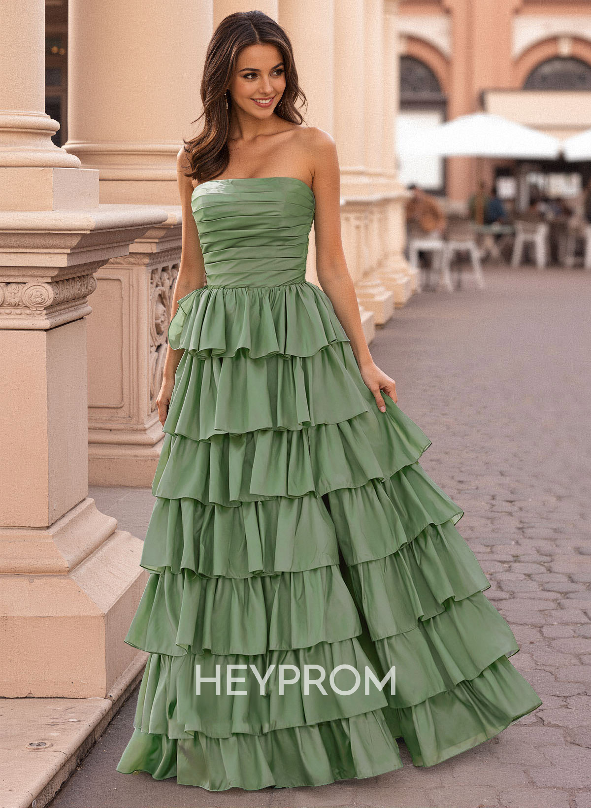 A-Line Strapless Sleeveless Floor-Length Taffeta Prom Dresses With High Split