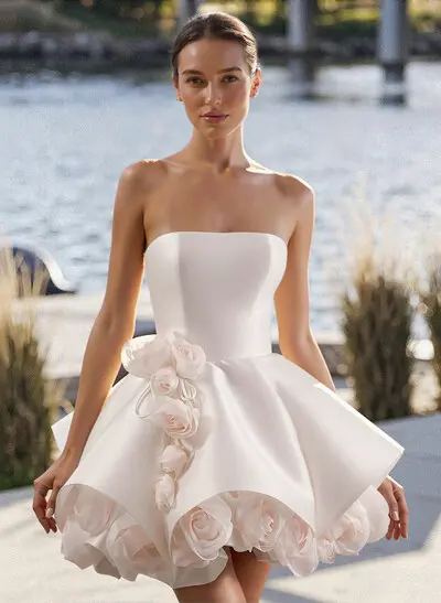 A-Line Strapless Sleeveless Short/Mini Twill Satin Homecoming Dresses With Flower(s)