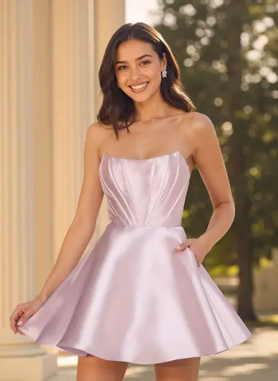 A-Line Off-The-Shoulder Sleeveless Short Mini Satin Homecoming Dresses With Pockets