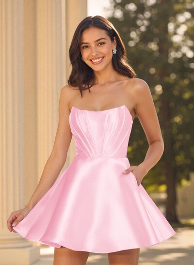 A-Line Off-The-Shoulder Sleeveless Short Mini Satin Homecoming Dresses With Pockets