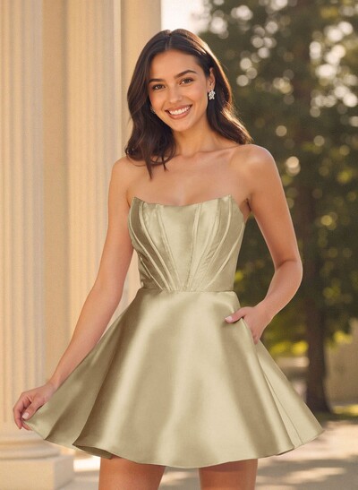 A-Line Off-The-Shoulder Sleeveless Short Mini Satin Homecoming Dresses With Pockets