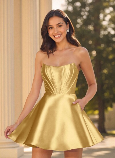 A-Line Off-The-Shoulder Sleeveless Short Mini Satin Homecoming Dresses With Pockets