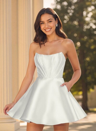 A-Line Off-The-Shoulder Sleeveless Short Mini Satin Homecoming Dresses With Pockets