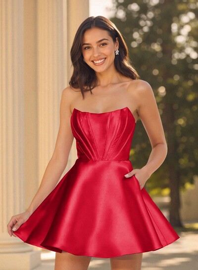 A-Line Off-The-Shoulder Sleeveless Short Mini Satin Homecoming Dresses With Pockets