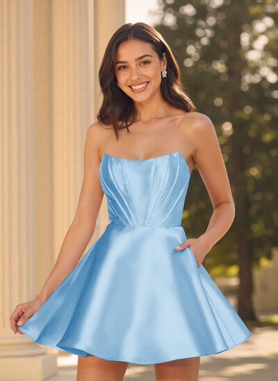 A-Line Off-The-Shoulder Sleeveless Short Mini Satin Homecoming Dresses With Pockets