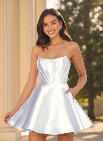 A-Line Off-The-Shoulder Sleeveless Short Mini Satin Homecoming Dresses With Pockets
