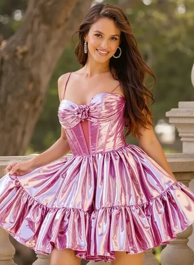 A-Line Sweetheart Sleeveless Short Mini Metallic Lame Homecoming Dresses With Ruffle