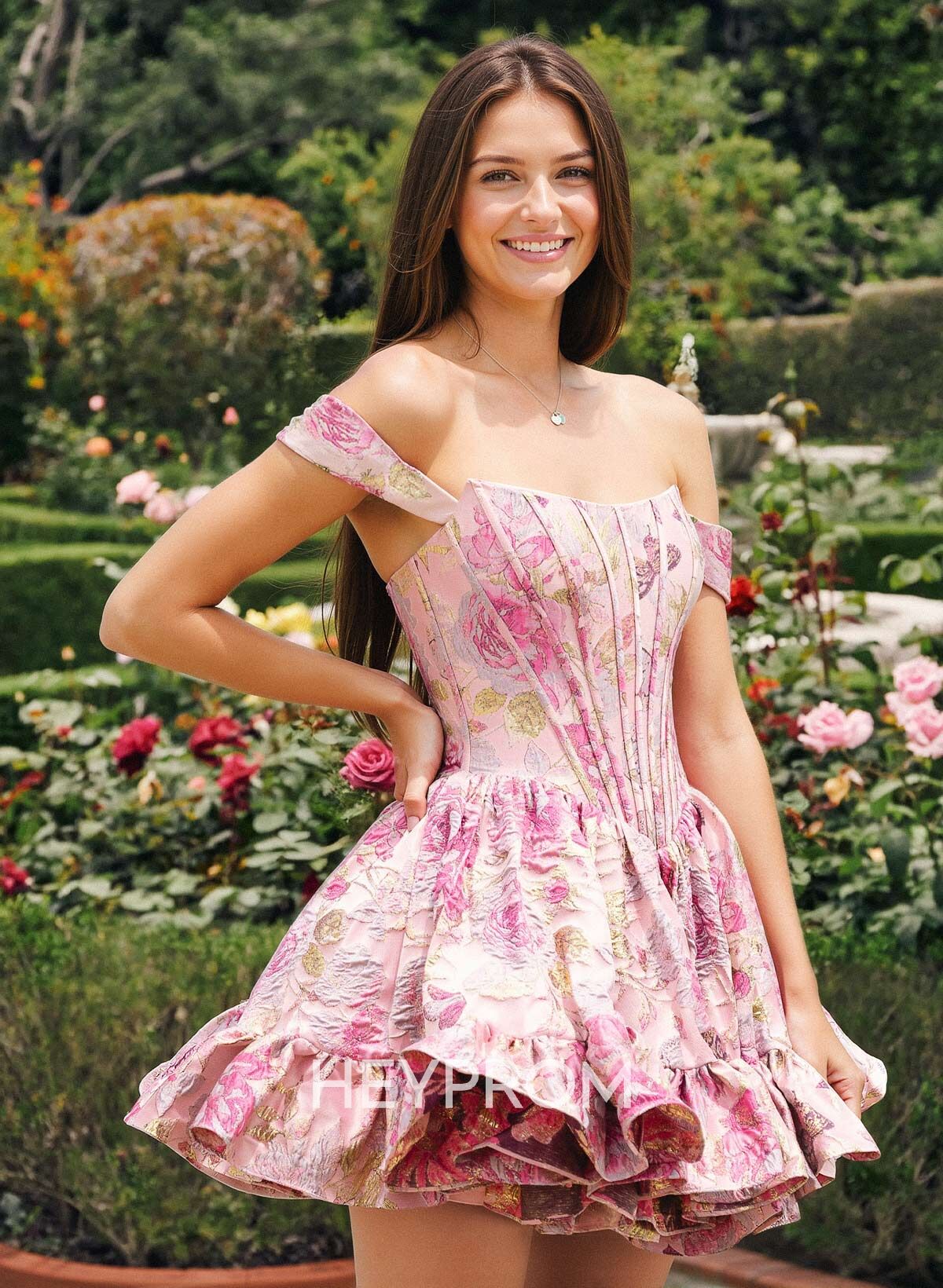 Ball-Gown Off-The-Shoulder Sleeveless Short Mini Jacquard Homecoming Dresses With Cascading Ruffles Flower Bubble Hem