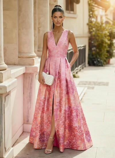 A-Line V-Neck Floor-Length Satin Prom Dresses With Split Front/Pockets/Flower(s)