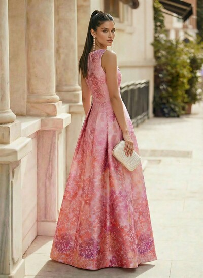 A-Line V-Neck Floor-Length Satin Prom Dresses With Split Front/Pockets/Flower(s)